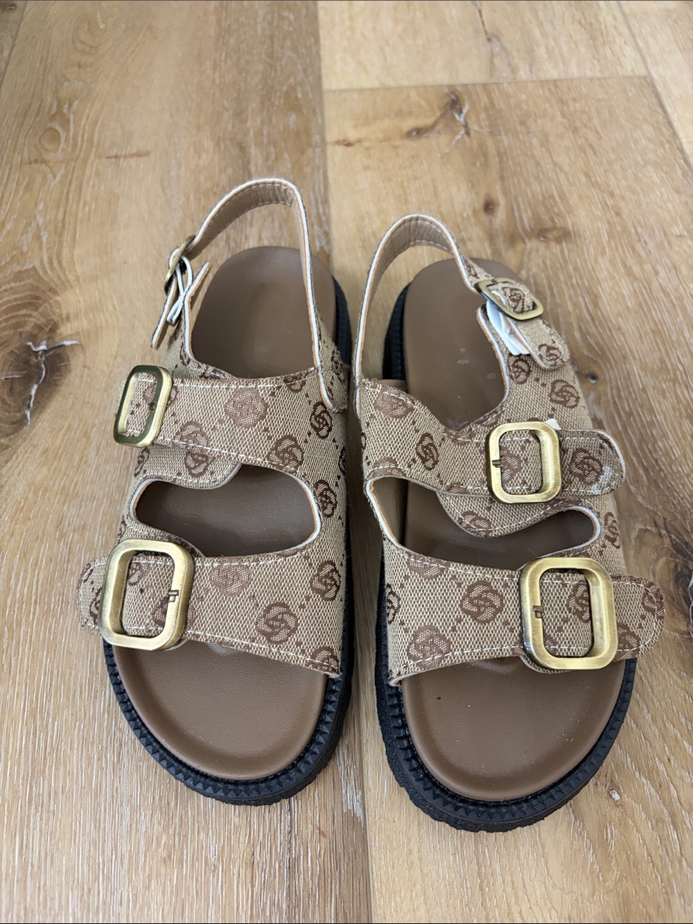 Tan Monogram Buckle Sandals